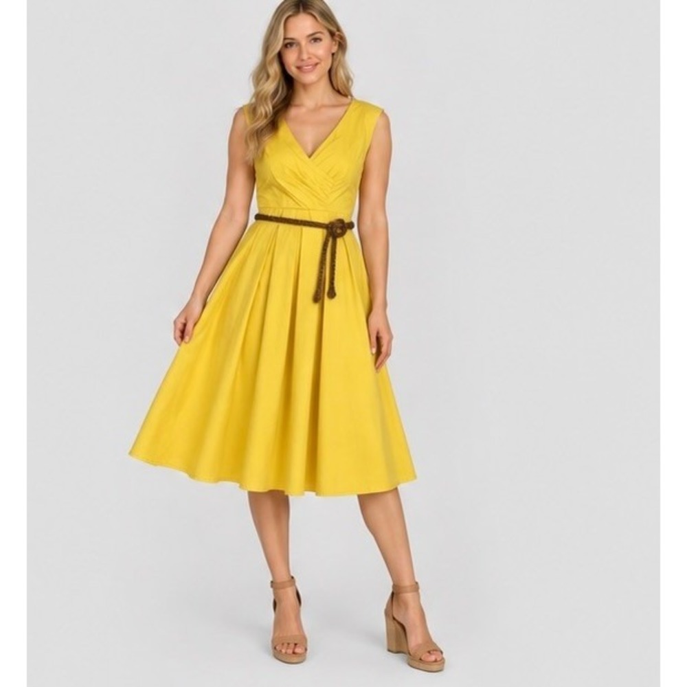 Jessica Simpson Women 4 Yellow Fit Flare Midi Dress Pleated Cotton Boho 50s Sun